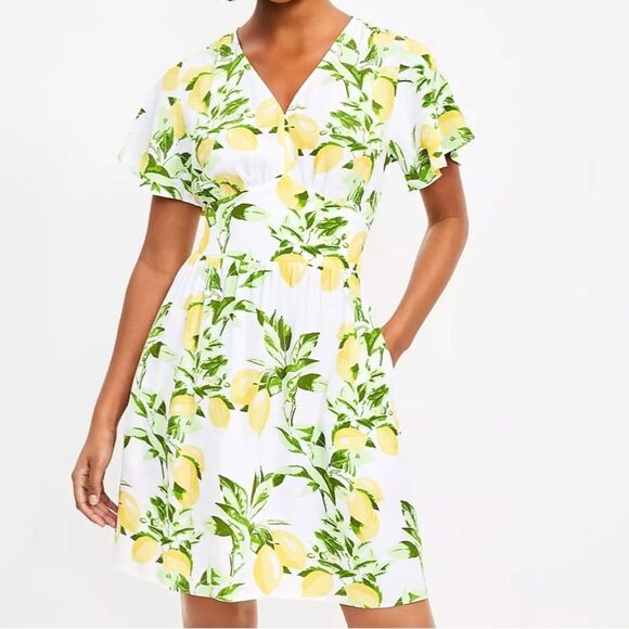 Loft Lemon Flutter V-Neck Pocket Dress NWT - Picture 1 of 8